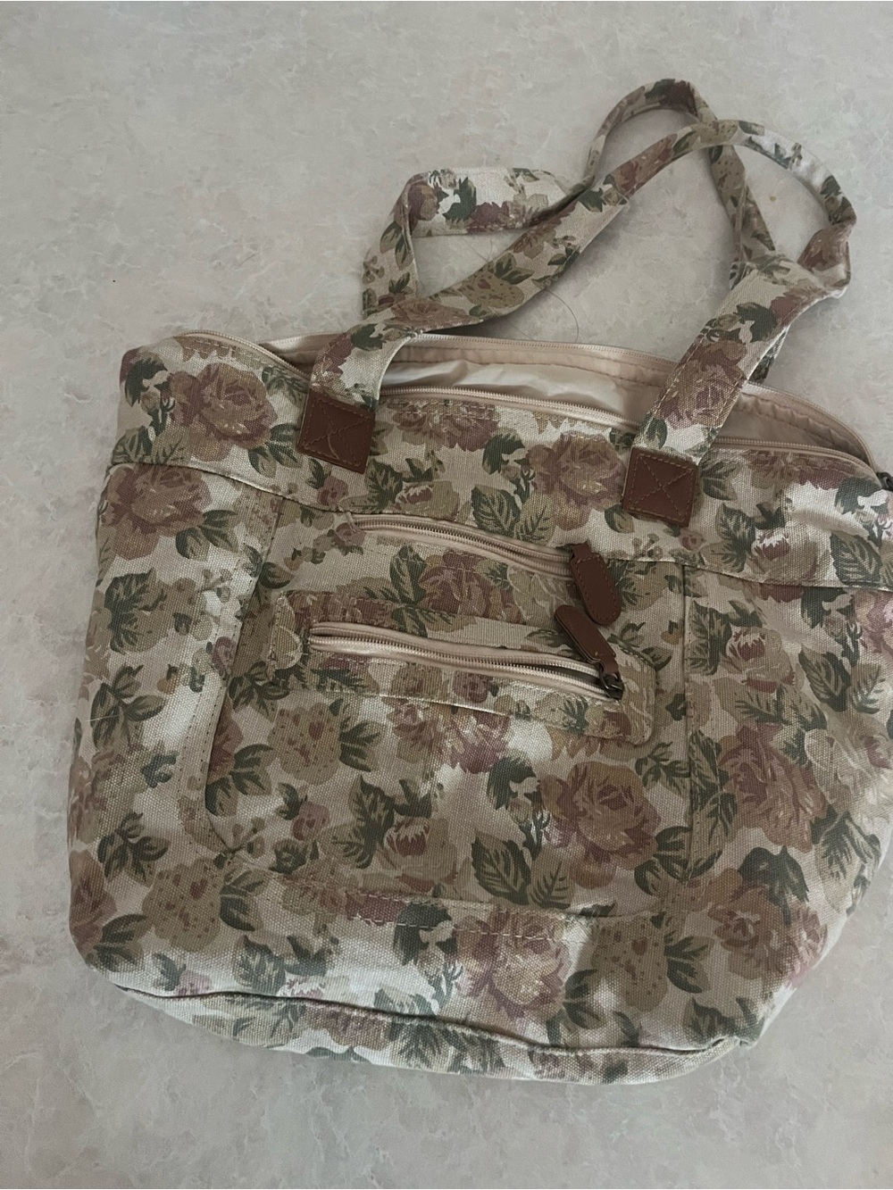 Floral Canvas Tote Bag in Beige and Mauve - Stylish Women’s Shoulder Bag